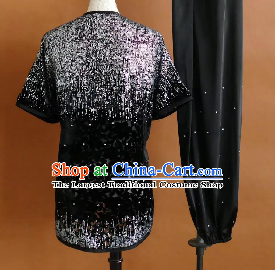 Chinese Kung Fu Competition Performance Clothing Sparkling Nanquan Uniform Black Lace Martial Arts Suit