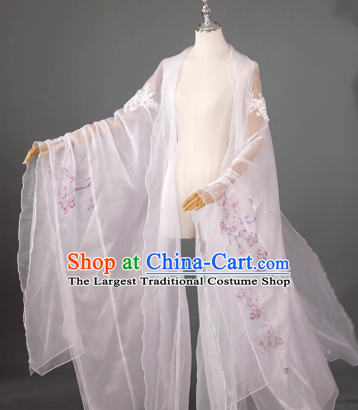 DaXiu Shan Floral Print Single Piece White Cape Chinese Style Dance Coat Performance Hanfu