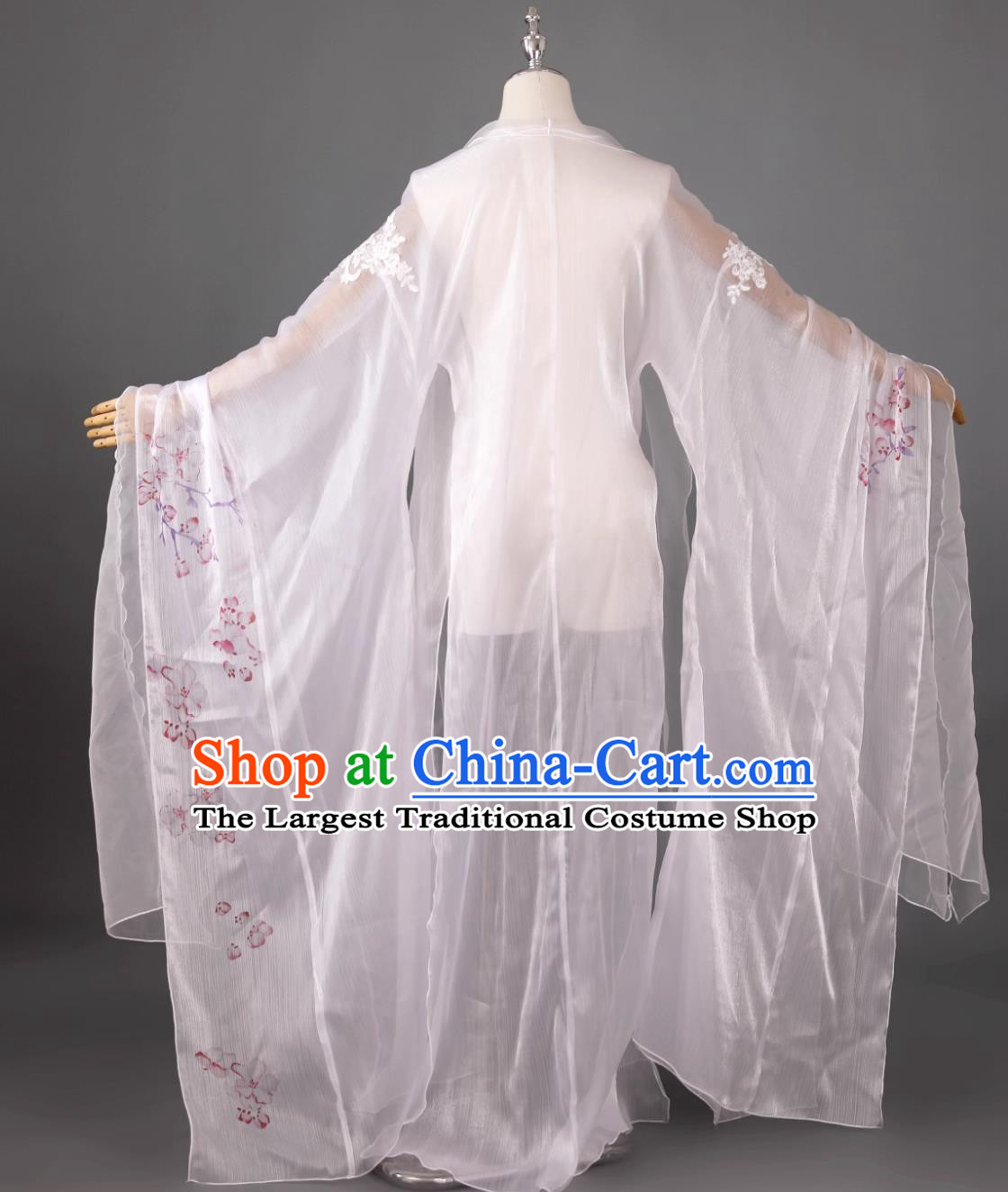DaXiu Shan Floral Print Single Piece White Cape Chinese Style Dance Coat Performance Hanfu