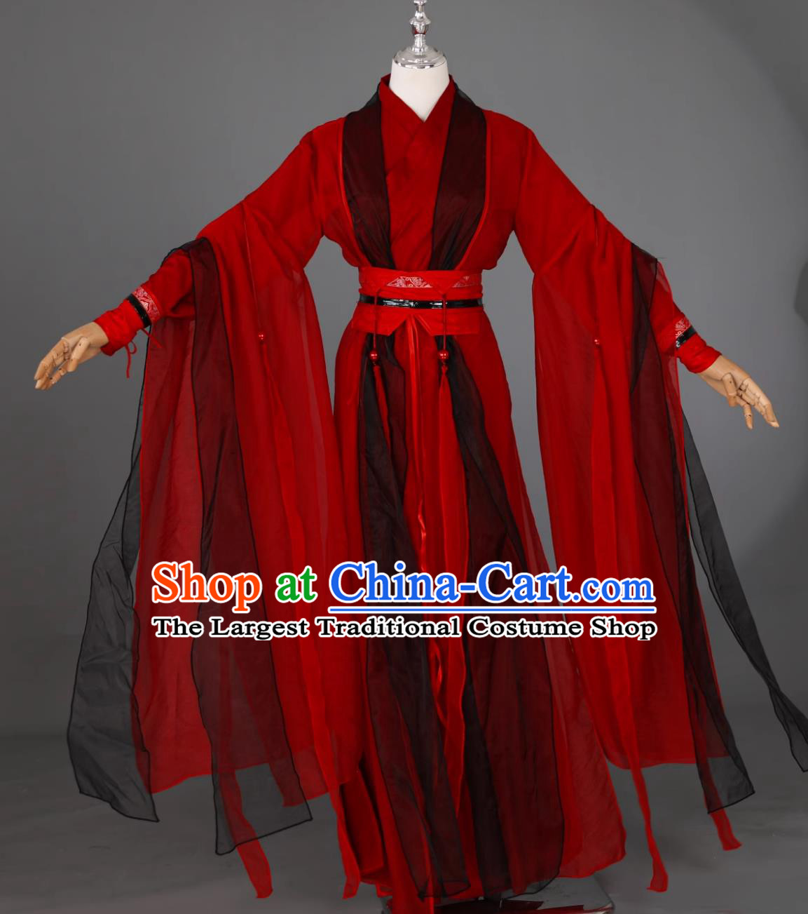 Traditional Wuxia Black and Red Hanfu Clothing Ancient Chinese Swordsman Costume Cosplay Hero Outfit
