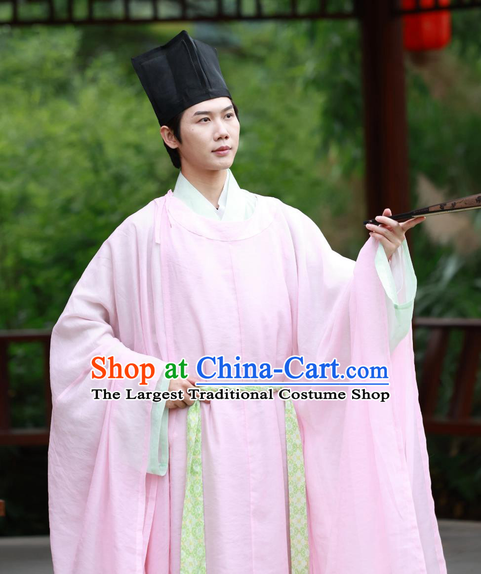 Song Dynasty Pink Round Collar Robe Large Sleeved Mens Hanfu Traditional Chinese Clothing