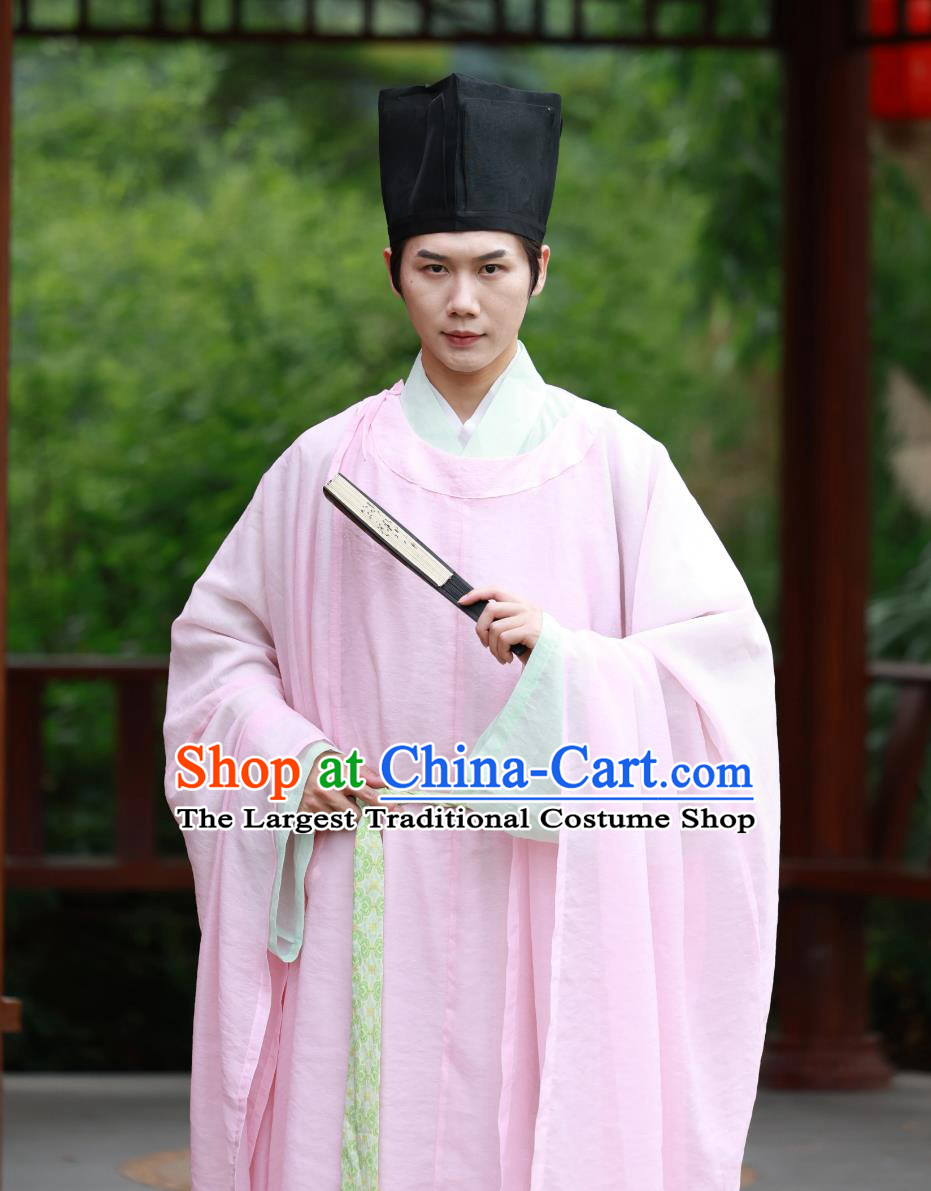 Song Dynasty Pink Round Collar Robe Large Sleeved Mens Hanfu Traditional Chinese Clothing