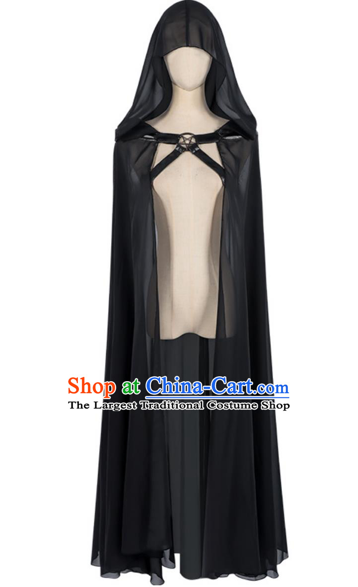 Halloween Black Mesh Cape Women Cos Mysterious Ritual Cloak Vintage Saint Transparent Hooded Long Shawl