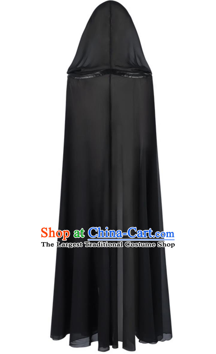Halloween Black Mesh Cape Women Cos Mysterious Ritual Cloak Vintage Saint Transparent Hooded Long Shawl