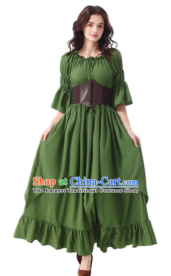 Medieval Vintage Dress England Style Gown Ruffled Waist Tailored Pleated Long Dress Stage Drama Dark Green Off The Shoulder Performance Costume