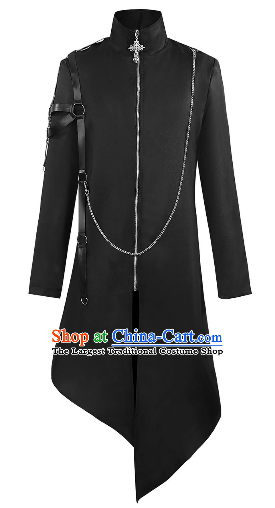 Halloween Black Punk Coat Long Asymmetric Gothic Tailcoat Performance Outfit Band Singer Prop Costume