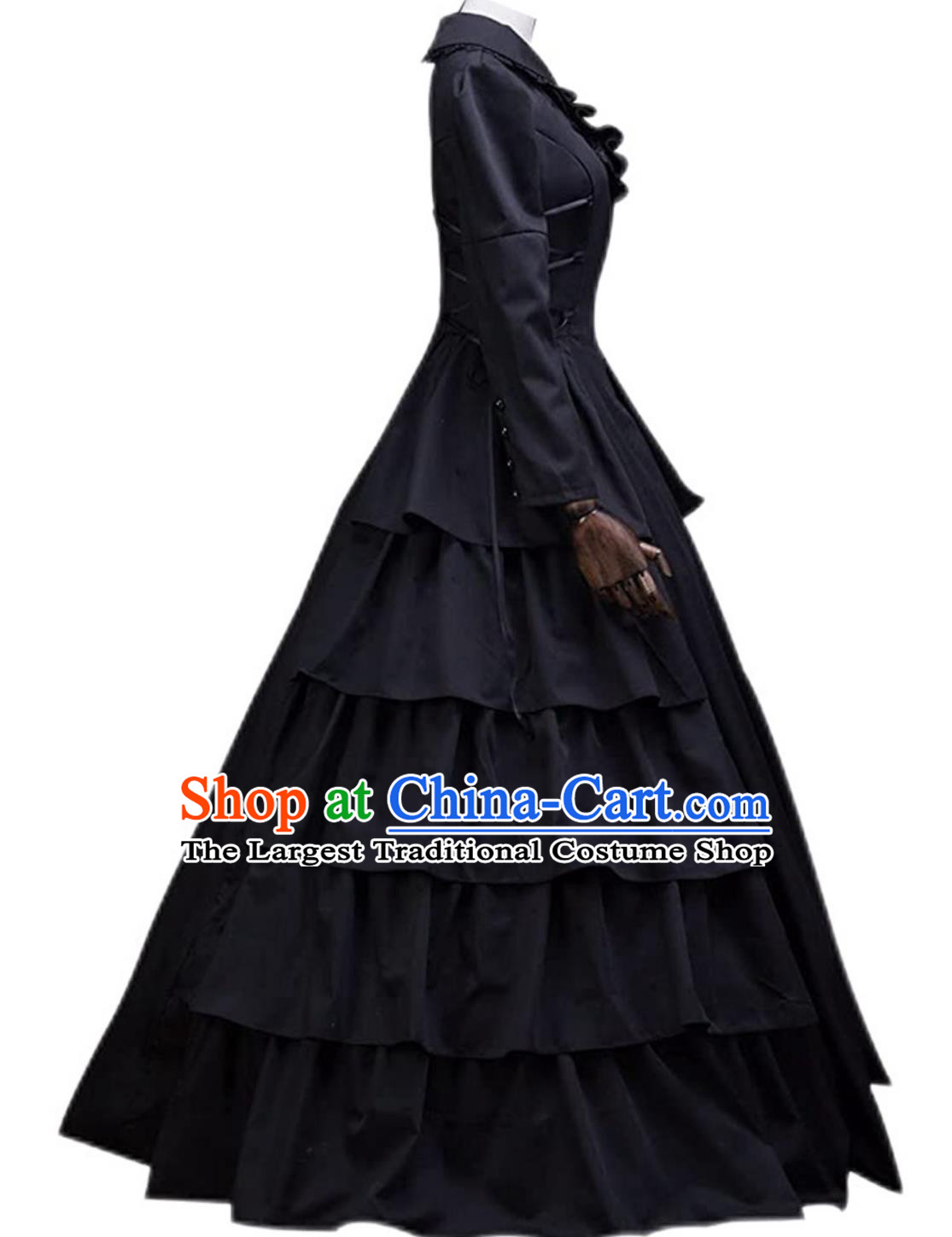 Medieval Black Long Full Gown Cosplay Queen Princess Performance Gothic Long Sleeve Tiered Dress