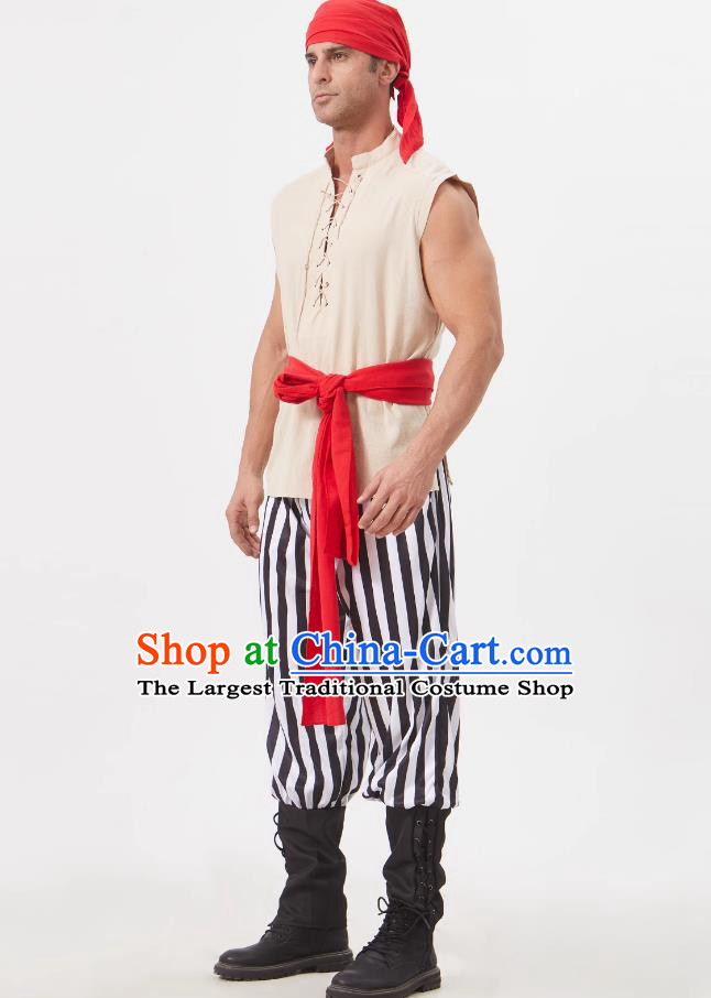 Medieval European Vintage Sailor Costume Adult Pirate Bandit Blindfold Striped Outfit