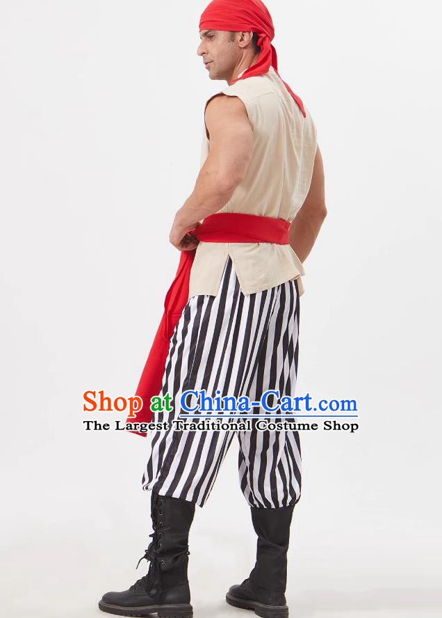 Medieval European Vintage Sailor Costume Adult Pirate Bandit Blindfold Striped Outfit
