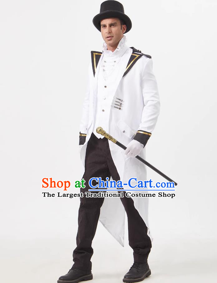 Medieval British Style White Tailcoat Gentleman Host Suit Men Stage Play Cosplay Prince Evening Wear Attire