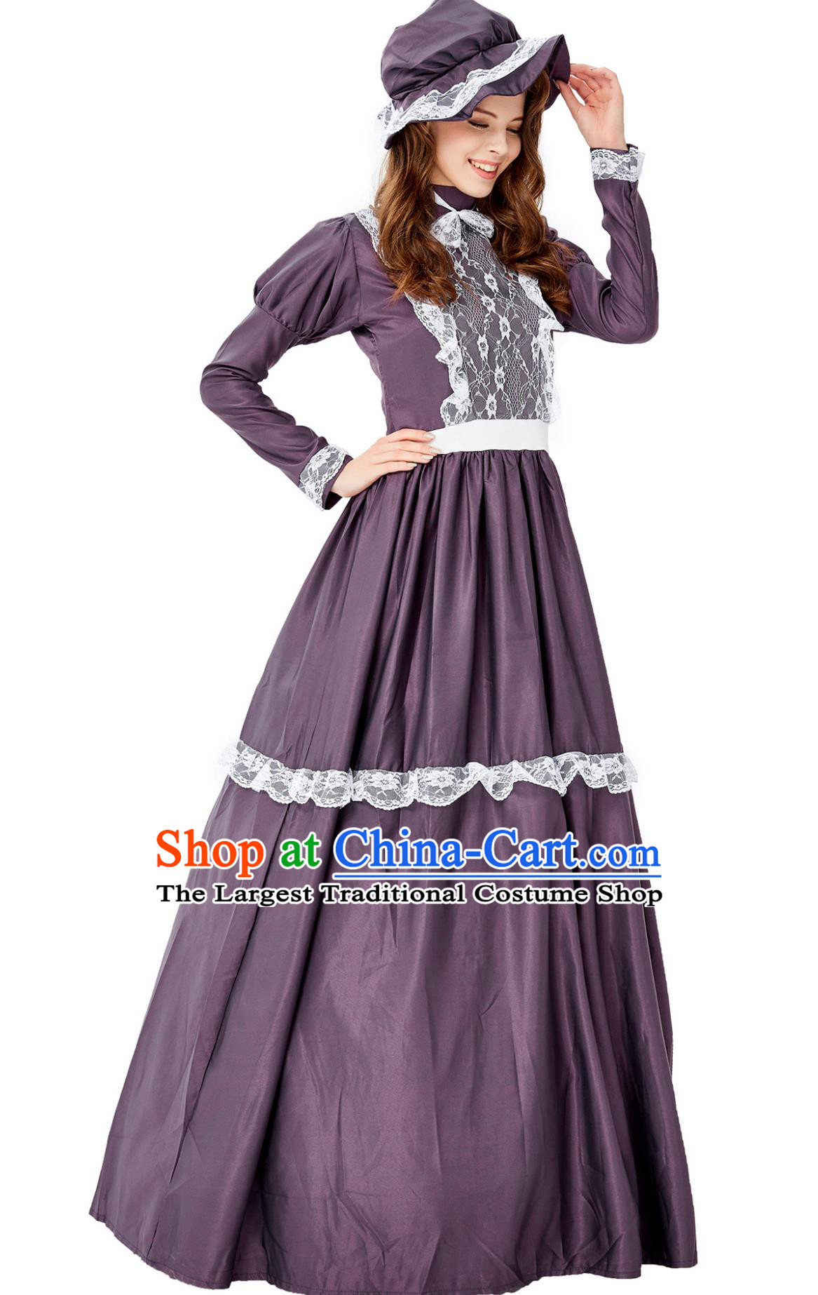 Vintage Medieval Maid Costume Lace Trim Long Cosplay Housekeeper Gown England Stage Play Ladies Attire