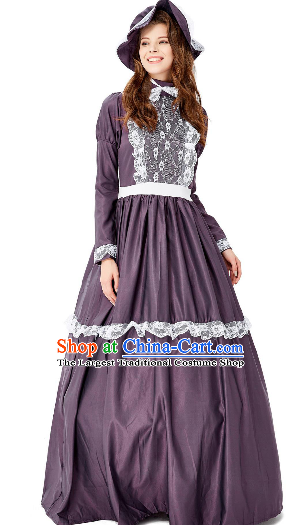 Vintage Medieval Maid Costume Lace Trim Long Cosplay Housekeeper Gown England Stage Play Ladies Attire