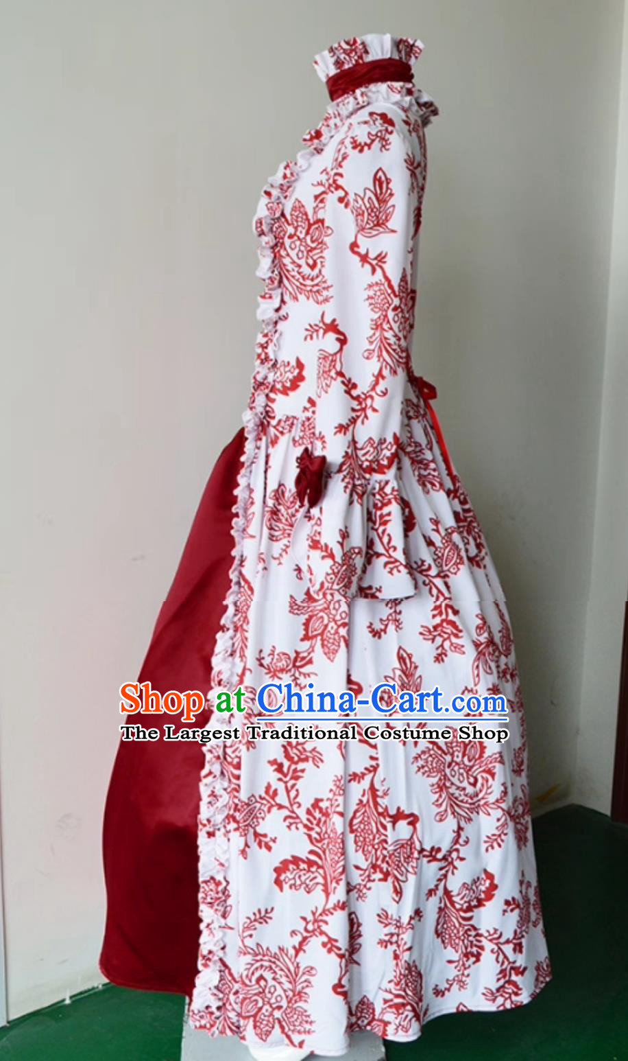 Red Vintage European Court Evening Gown England Long Sleeve Print Full Dress Medieval Stage Performance Costume