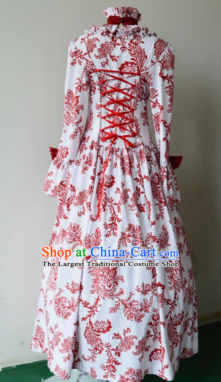 Red Vintage European Court Evening Gown England Long Sleeve Print Full Dress Medieval Stage Performance Costume