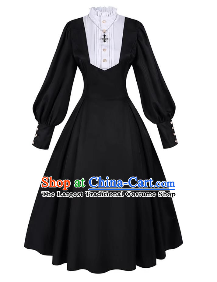 Halloween Black Nun Dress Waist Cute Lolita Lace Ruffled Long Skirt Lolita Convent Gown
