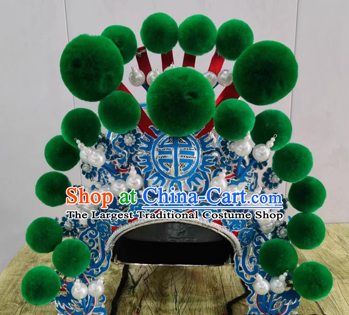 China Qinqiang Opera General Green Pompon Hat Handmade Chinese Beijing Opera Wusheng Headgear Traditional Opera Warrior Helmet