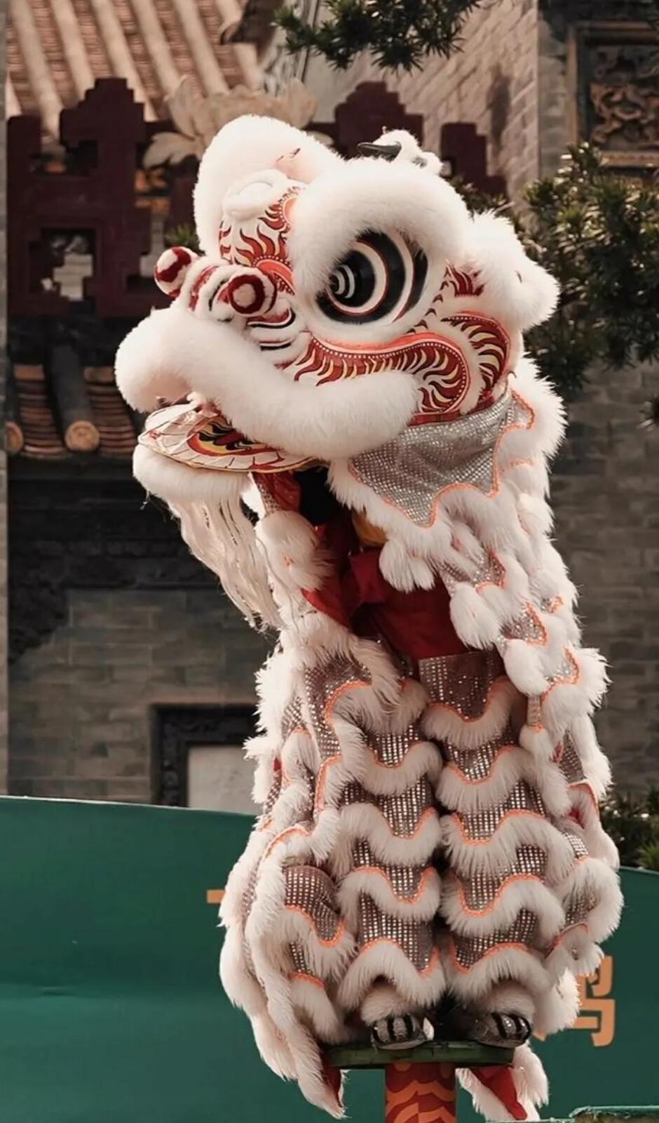 Chinese Festival Celebration Equipment Handmade White Wool Fut San lion Head Traditional Lion Dance Costume Complete Set